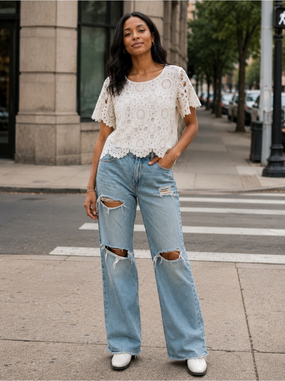 Francesca’s White Crochet Lace Crop Top Boho Blouse Size Medium